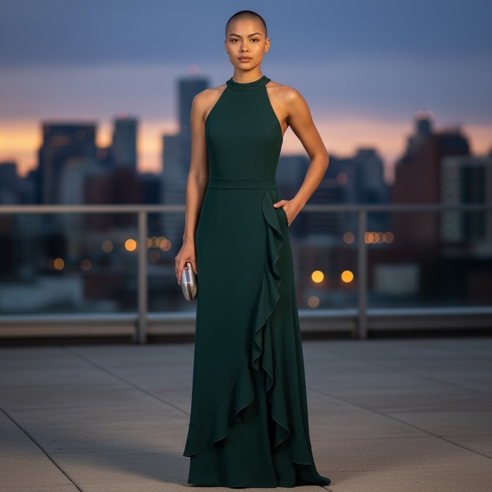 Sleeveless Hunter Green Halter Ruffle Front Evening Dress - Picture 14 of 14
